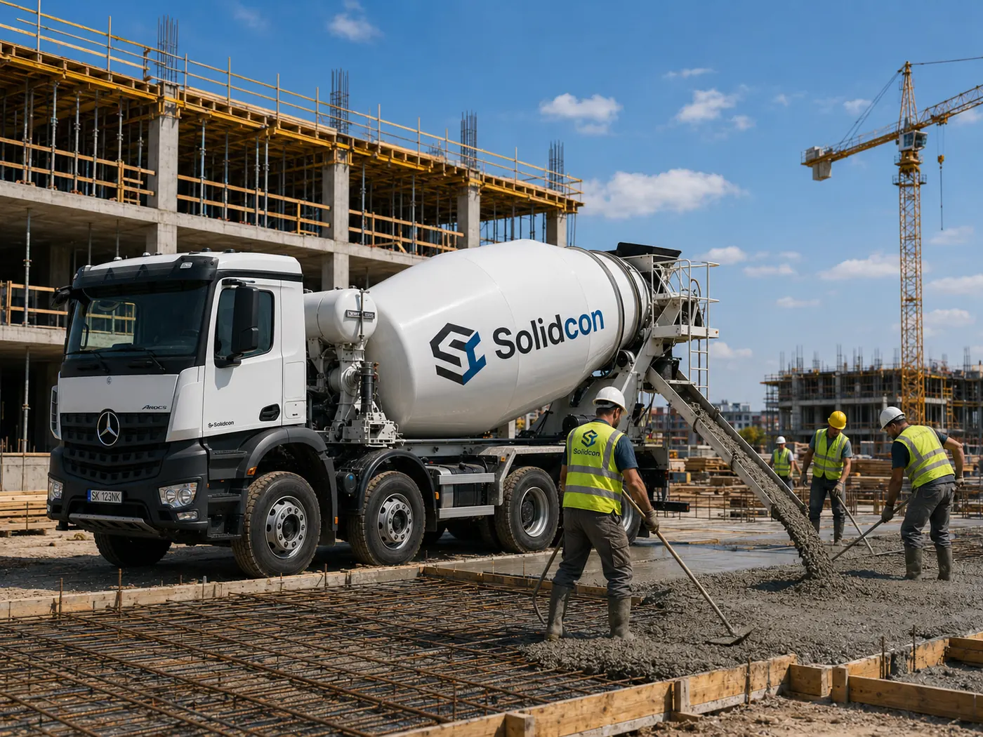 Vykládání betonu z autodomíchávače na staveništi