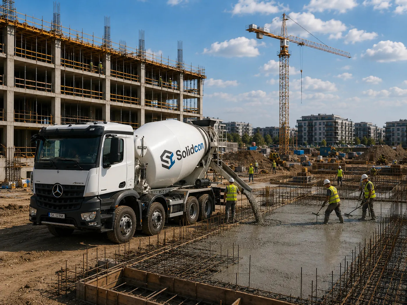 Autodomíchávač Solidcon při vypouštění betonu na staveništi - dělníci vyrovnávají beton