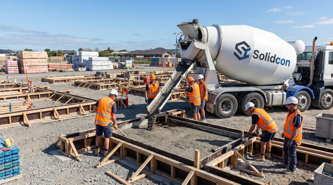 Beton z Polska - autodomíchávač Solidcon vypouští čerstvý beton na staveniště, dělníci při práci