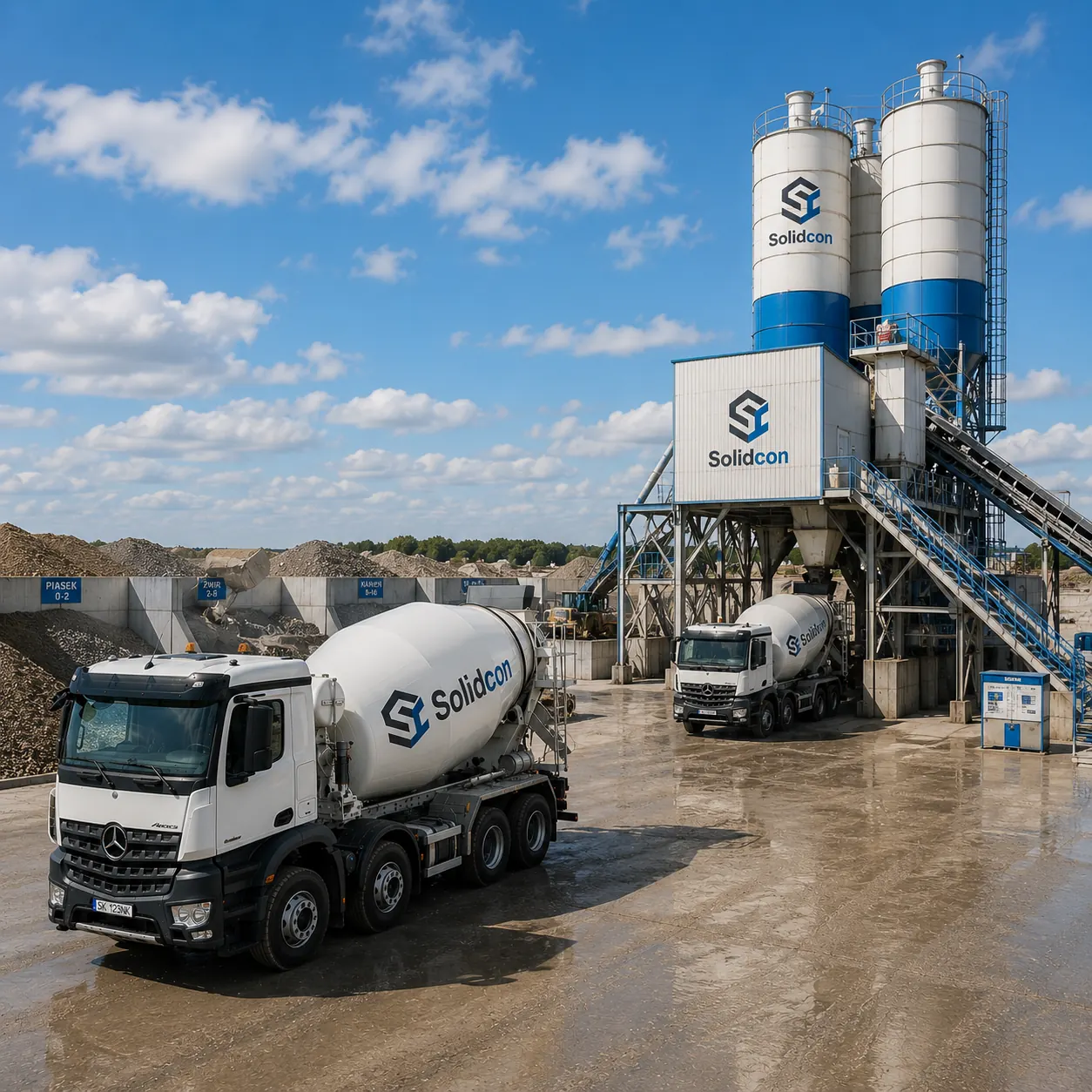 Betonáreň Solidcon v Poľsku - dva autodomiešavače nakladajú čerstvý betón pri silózoch
