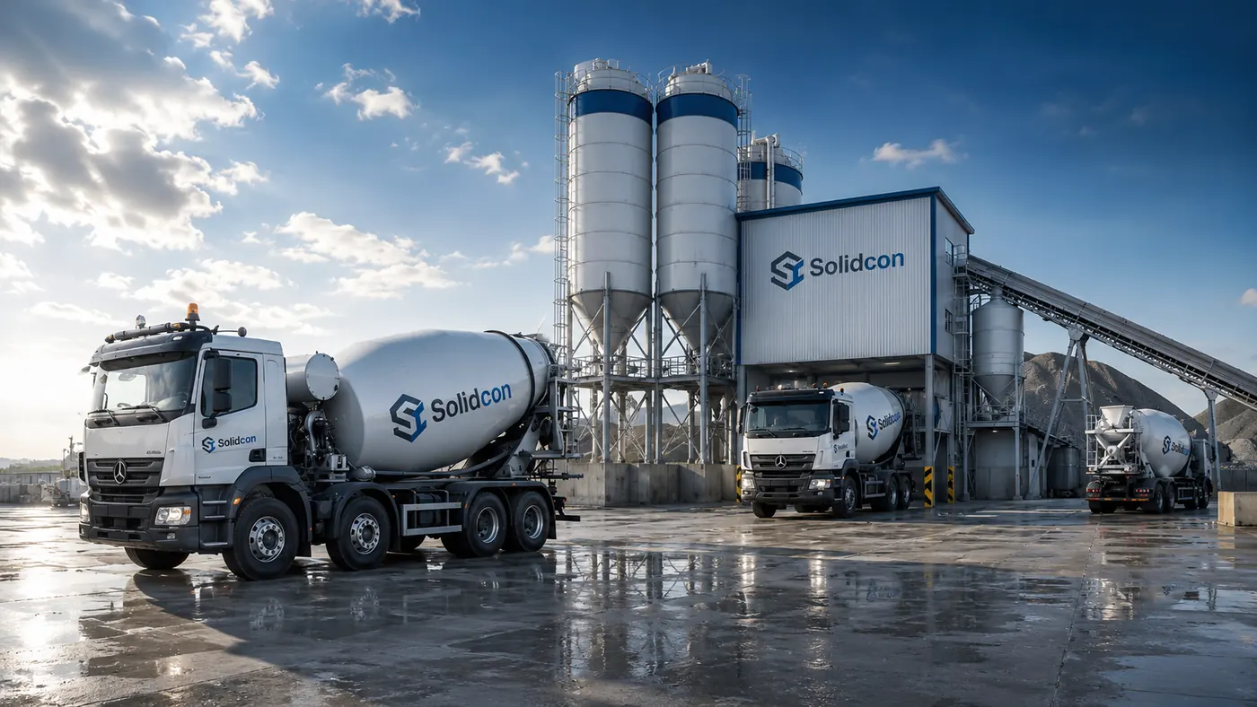 Solidcon betonáreň v Poľsku - flota vozidiel pri siloze, pripravenosť na dodávku betónu