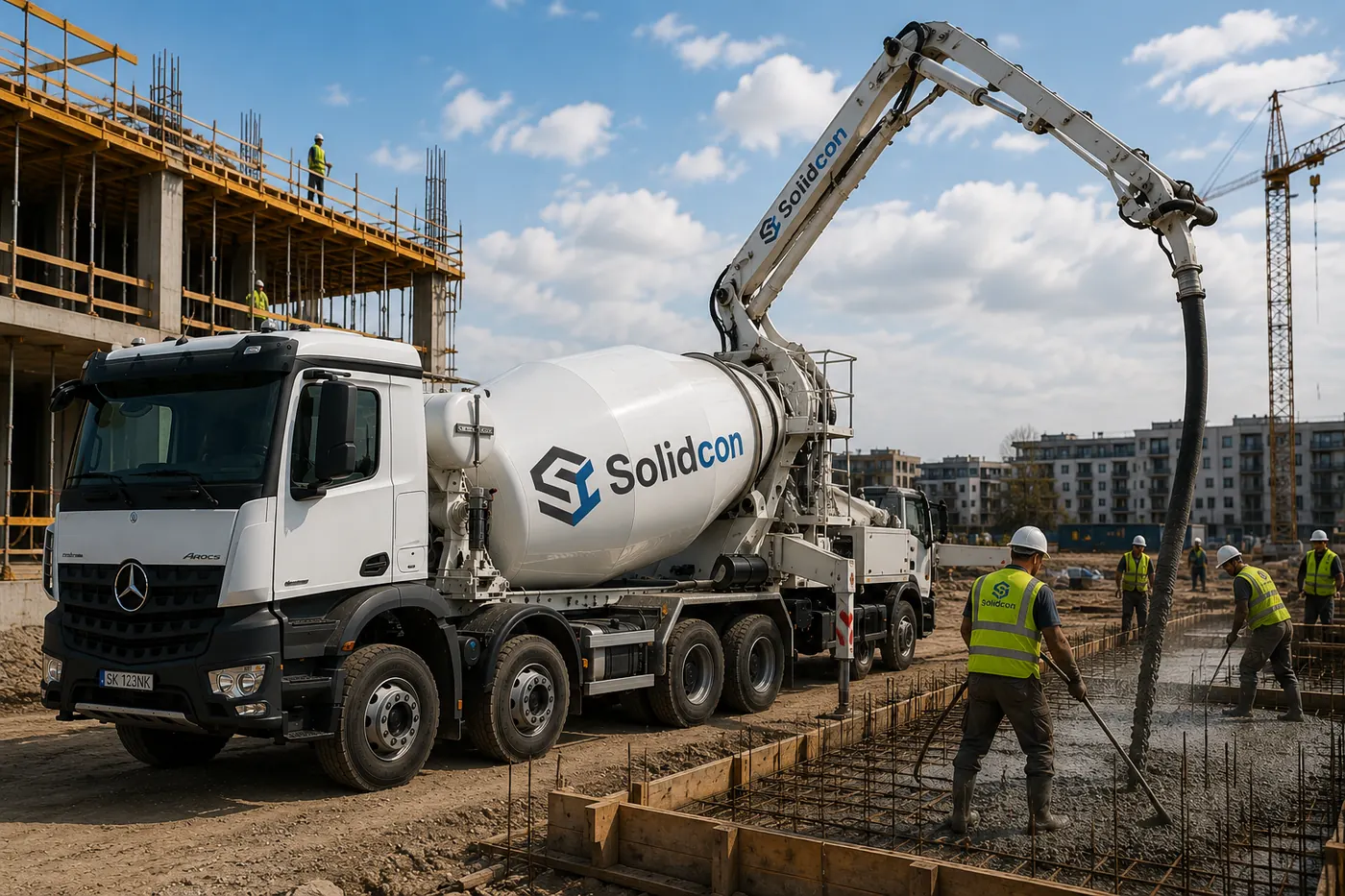 Čerpadlo na beton a autodomíchávač během betonáže budovy