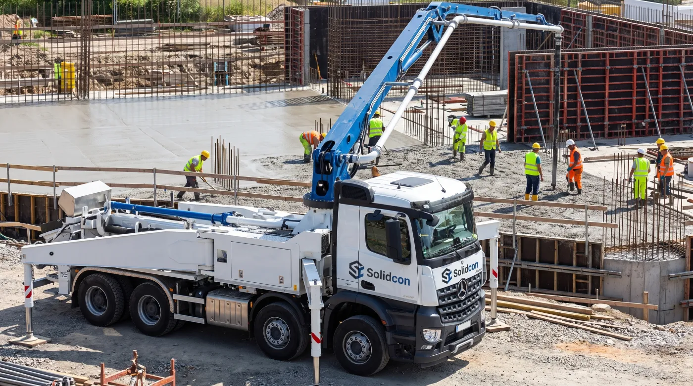 Čerpadlo na beton Solidcon při práci na městské stavbě - čerpání betonu do základů